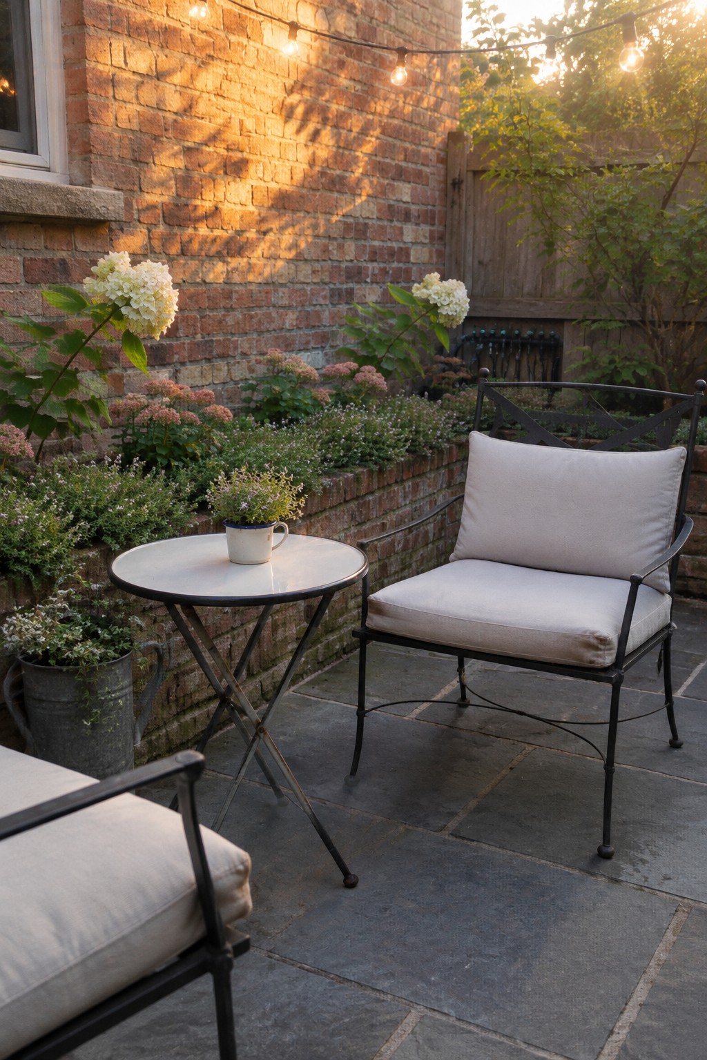 A round metal patio table with a small potted plant sits between two cushioned chairs on a stone-paved patio.