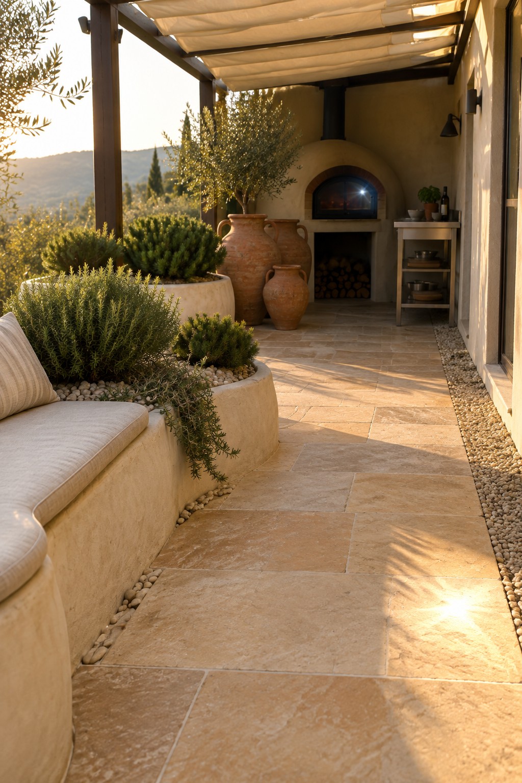 A stone patio walkway passes built-in planters with shrubs and a cushioned bench, leading to an outdoor oven.