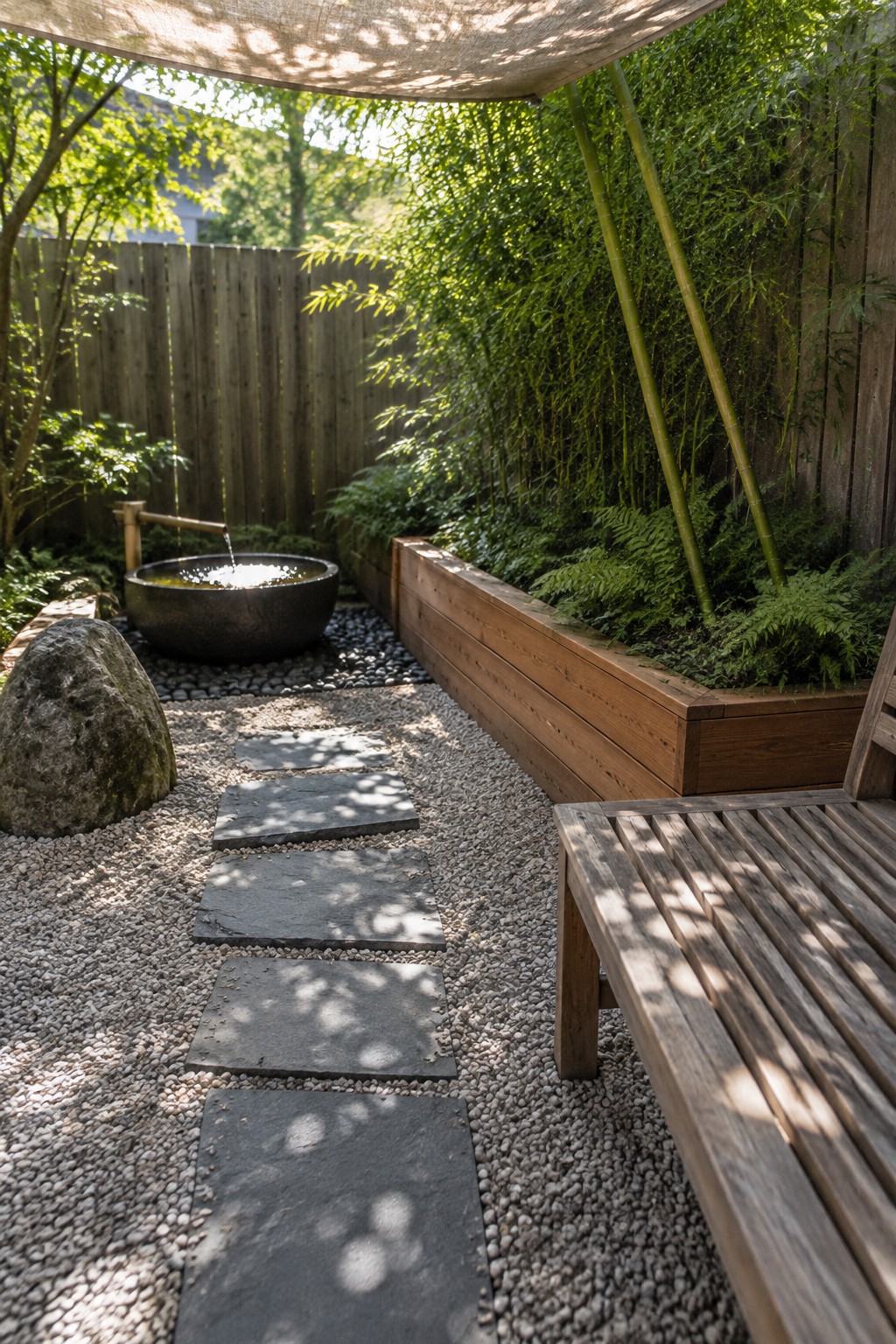 A gravel garden path with rectangular stepping stones leads to a round water basin beside a raised wooden planter and bench.