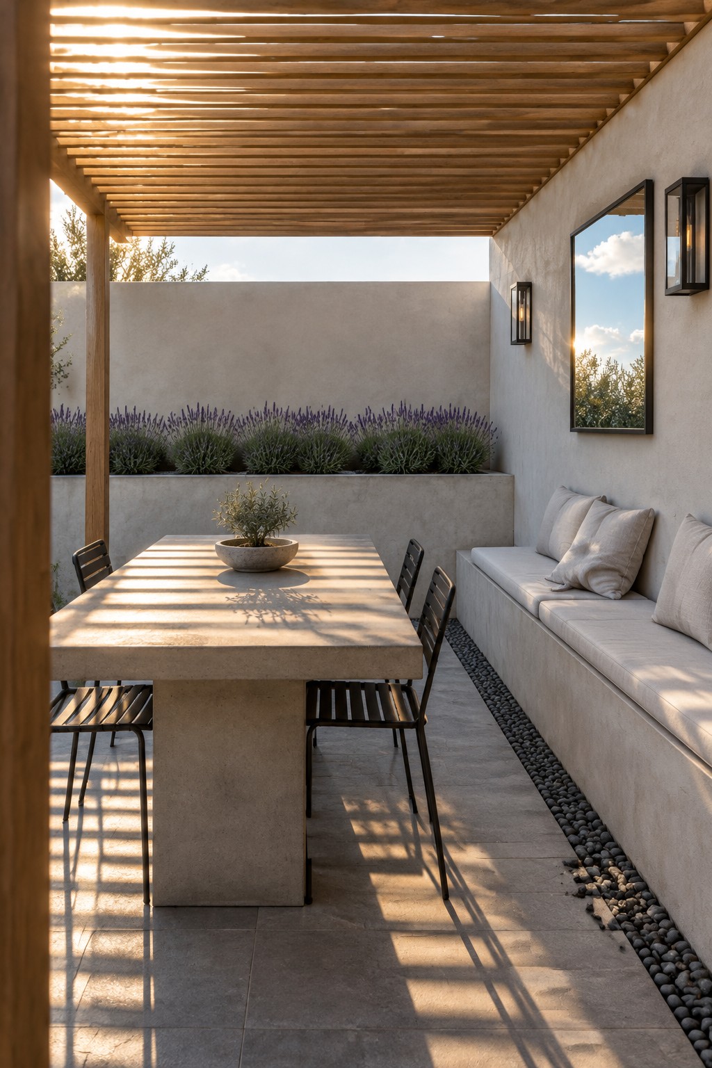 A stone patio with a dining table beneath a wooden slatted pergola and a built-in bench along the wall.