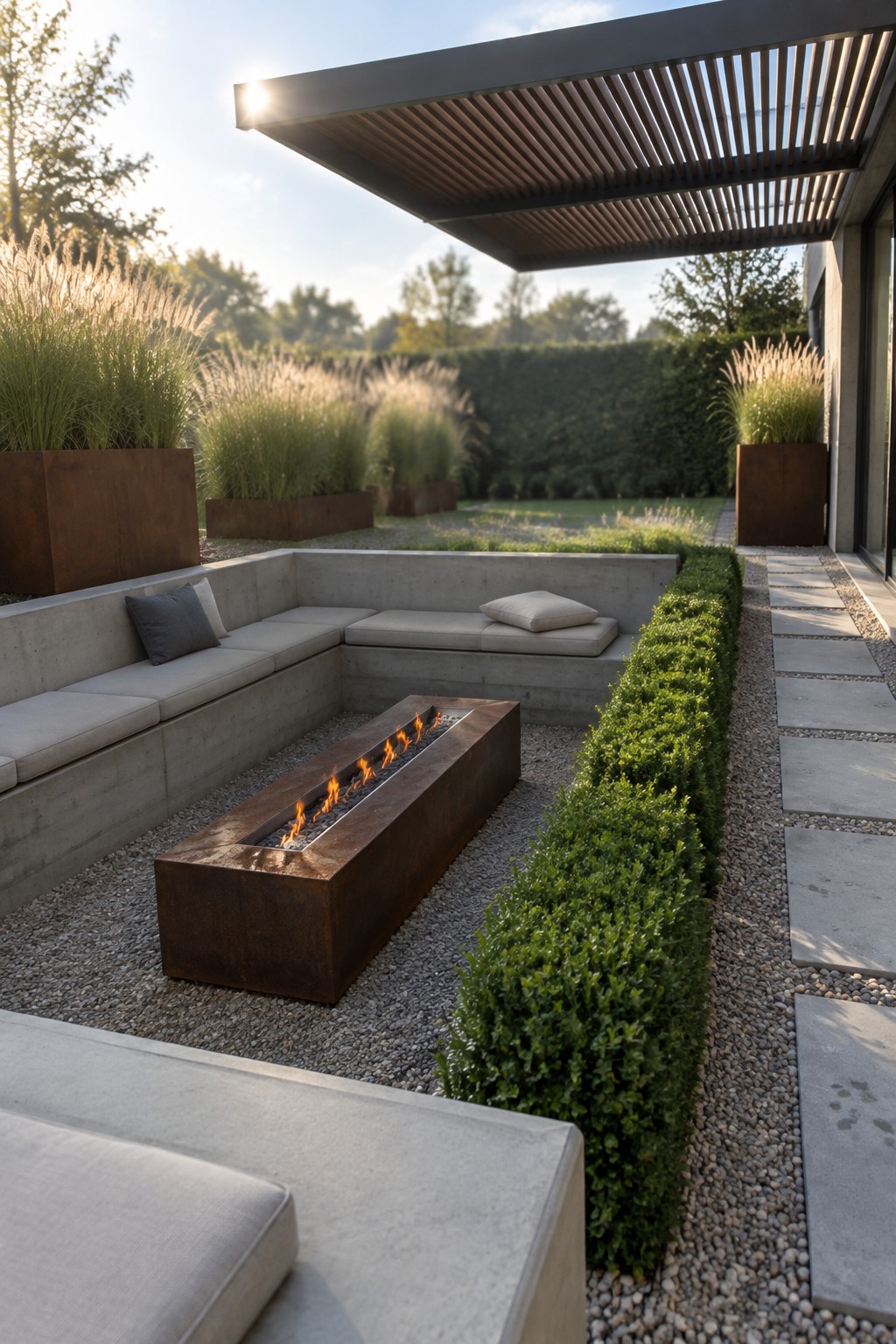 A sunken concrete patio seating area surrounds a long rectangular fire pit, with a slatted pergola overhead.