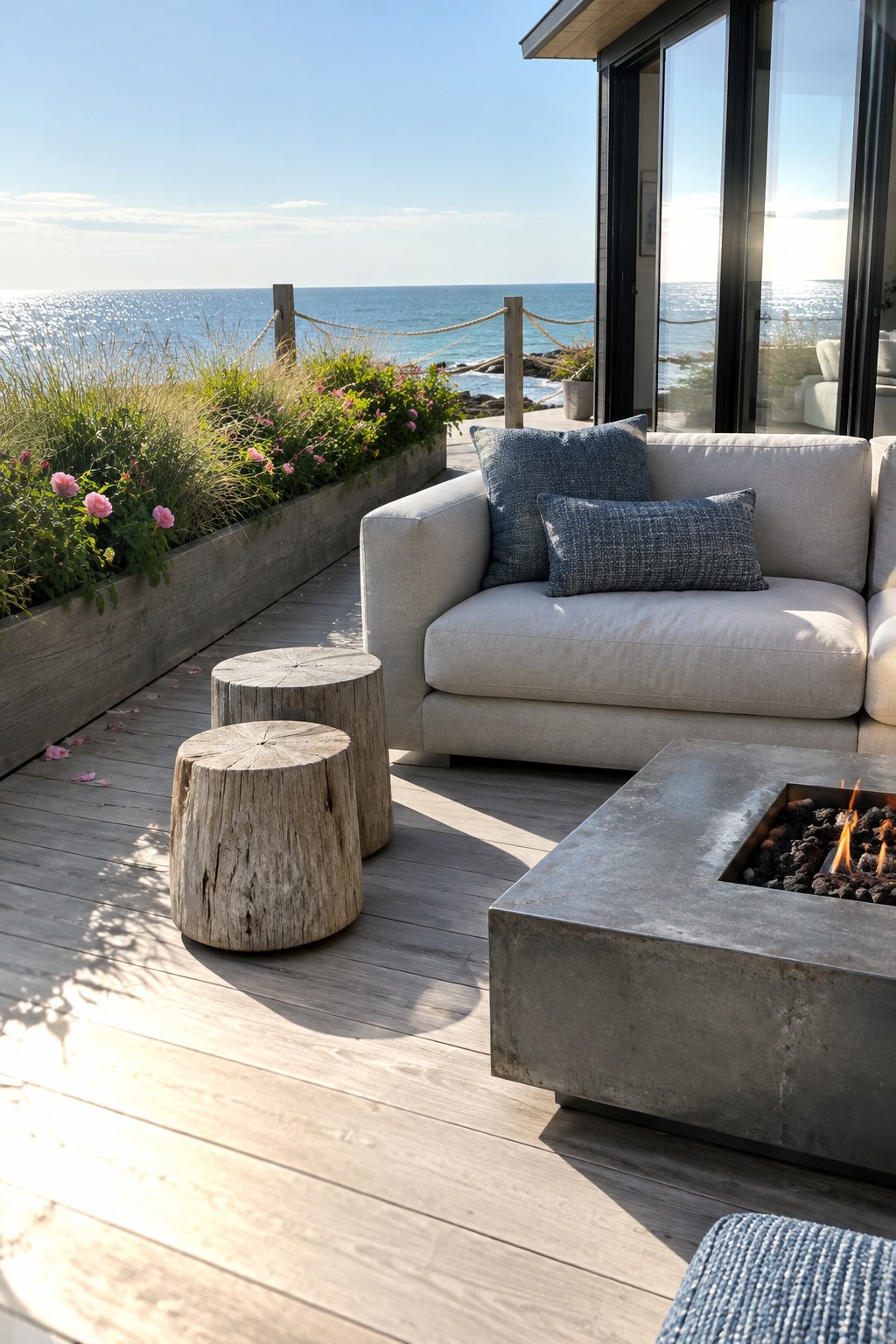 A beige outdoor sofa and two stump tables sit beside a square concrete fire pit on a seaside deck.