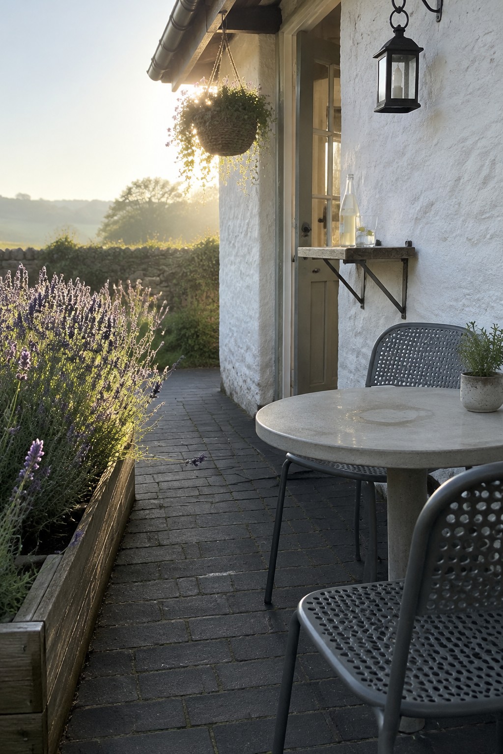A narrow brick path runs beside a raised bed of purple flowers and a small patio with a round table and metal chairs.
