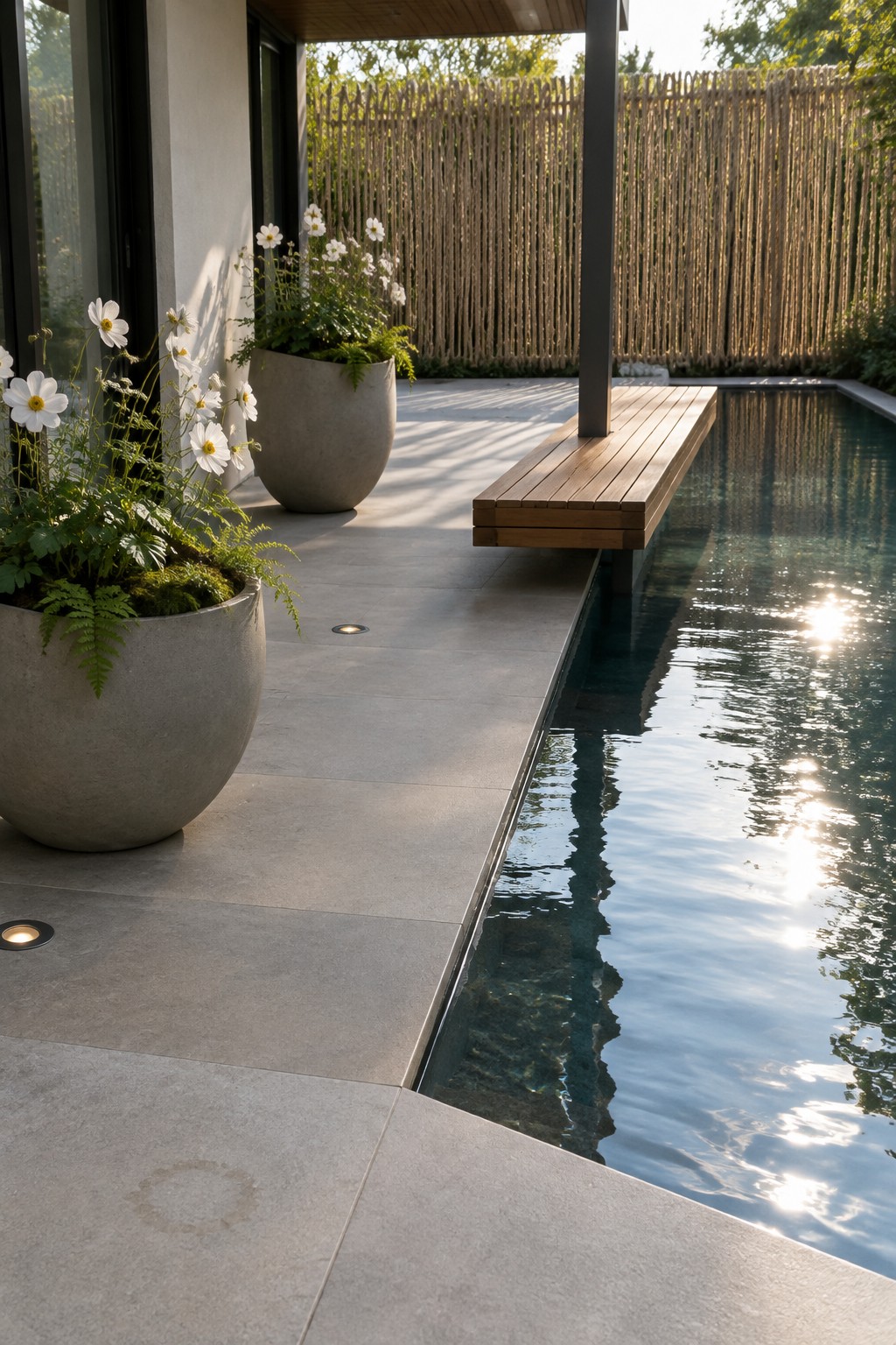 A narrow wooden deck projects over a swimming pool beside a tiled patio with large planters and white flowers.